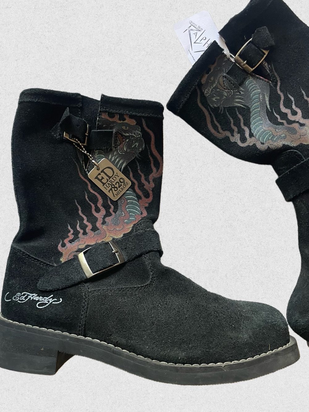 Y2K Ed Hardy Black Suede Boots with Flame & snake  Graphic